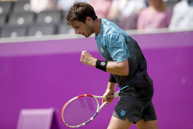 Mandatory Credit: Photo by Ella Ling BPI Shutterstock (12084430l) Cameron Norrie of Great Britain celebrates Cinch Championships, Day Three, Tennis, Queens Club, London, UK - 16 June 2021 EDITORIAL USE ONLY No use with unauthorised audio, video, data, fixture lists, club league logos or live services. Online in-match use limited to 120 images, no video emulation. No use in betting, games or single club league player publications. Cinch Championships, Day Three, Tennis, Queens Club, London, UK - 16 June 2021 EDITORIAL USE ONLY No use with unauthorised audio, video, data, fixture lists, club league logos or live services. Online in-match use limited to 120 images, no video emulation. No use in betting, games or single club league player publications. Copyright: xEllaxLing BPI Shutterstockx 12084430l