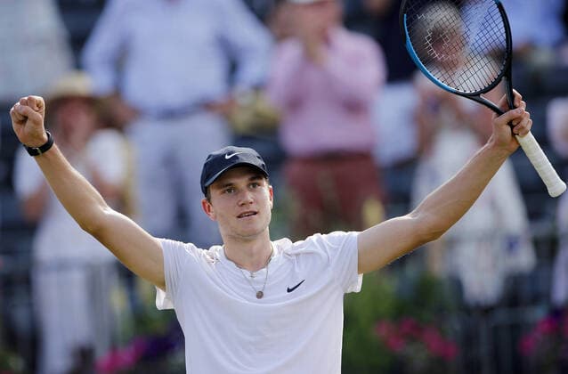 Mandatory Credit: Photo by Ella Ling BPI Shutterstock (12084430bd) Jack Draper of Great Britain celebrates Cinch Championships, Day Three, Tennis, Queens Club, London, UK - 16 June 2021 EDITORIAL USE ONLY No use with unauthorised audio, video, data, fixture lists, club league logos or live services. Online in-match use limited to 120 images, no video emulation. No use in betting, games or single club league player publications. Cinch Championships, Day Three, Tennis, Queens Club, London, UK - 16 June 2021 EDITORIAL USE ONLY No use with unauthorised audio, video, data, fixture lists, club league logos or live services. Online in-match use limited to 120 images, no video emulation. No use in betting, games or single club league player publications. Copyright: xEllaxLing BPI Shutterstockx 12084430bd