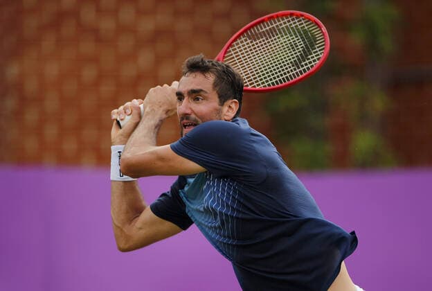 Mandatory Credit: Photo by Ella Ling BPI Shutterstock (12084430bv) Marin Cilic of Croatia in action Cinch Championships, Day Three, Tennis, Queens Club, London, UK - 16 June 2021 EDITORIAL USE ONLY No use with unauthorised audio, video, data, fixture lists, club league logos or live services. Online in-match use limited to 120 images, no video emulation. No use in betting, games or single club league player publications. Cinch Championships, Day Three, Tennis, Queens Club, London, UK - 16 June 2021 EDITORIAL USE ONLY No use with unauthorised audio, video, data, fixture lists, club league logos or live services. Online in-match use limited to 120 images, no video emulation. No use in betting, games or single club league player publications. Copyright: xEllaxLing BPI Shutterstockx 12084430bv