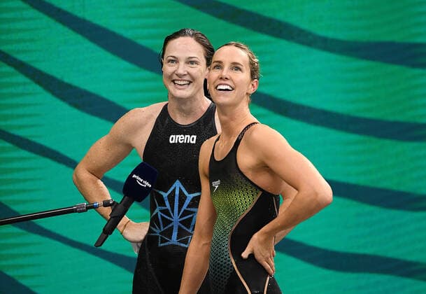 PARIS 2024, OLYMPIC LEGENDS: Emma McKeon SWIMMING AUSTRALIAN TRIALS, Cate Campbell (left) and Emma McKeon look on after swimming in the Women?s 50m Freestyle Final at the Australian Swimming Trials for Tokyo Olympic and Paralympic qualification, at the SA Aquatic and Leisure Centre in Adelaide, Thursday, June 17, 2021. ( NO ARCHIVING, EDITORIAL USE ONLY, NO USE IN BOOKS WITHOUT CONSENT ADELAIDE SA AUSTRALIA  Copyright: xDAVExHUNTx 20210617001550341687