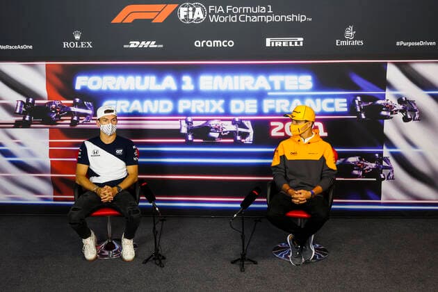 GASLY Pierre (fra), Scuderia AlphaTauri Honda AT02, NORRIS Lando (gbr), McLaren MCL35M, portrait, press conference, PK, Pressekonferenz during the Formula 1 Emirates Grand Prix de France 2021, 7th round of the 2021 FIA Formula One World Championship, WM, Weltmeisterschaft from June 18 to 20, 2021 on the Circuit Paul Ricard, in Le Castellet, France FORMULE 1 : Grand Prix de France - Circuit Paul-Ricard - 17 06 2021 DPPI PANORAMIC  AV6_9263