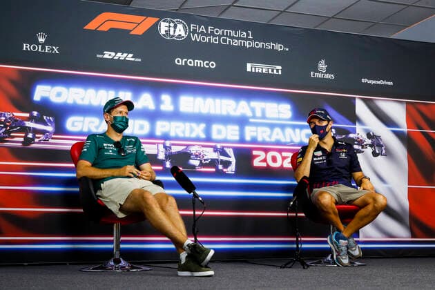 VETTEL Sebastian (ger), Aston Martin F1 AMR21, PEREZ Sergio (mex), Red Bull Racing Honda RB16B, portrait, press conference, PK, Pressekonferenz during the Formula 1 Emirates Grand Prix de France 2021, 7th round of the 2021 FIA Formula One World Championship, WM, Weltmeisterschaft from June 18 to 20, 2021 on the Circuit Paul Ricard, in Le Castellet, France FORMULE 1 : Grand Prix de France - Circuit Paul-Ricard - 17 06 2021 DPPI PANORAMIC  _V2_2068