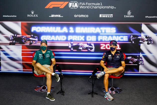 VETTEL Sebastian (ger), Aston Martin F1 AMR21, PEREZ Sergio (mex), Red Bull Racing Honda RB16B, portrait, press conference, PK, Pressekonferenz during the Formula 1 Emirates Grand Prix de France 2021, 7th round of the 2021 FIA Formula One World Championship, WM, Weltmeisterschaft from June 18 to 20, 2021 on the Circuit Paul Ricard, in Le Castellet, France FORMULE 1 : Grand Prix de France - Circuit Paul-Ricard - 17 06 2021 DPPI PANORAMIC  _V2_2079