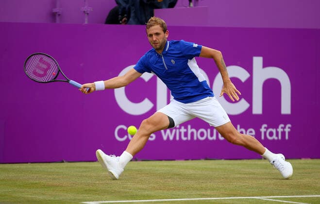 Mandatory Credit: Photo by Ella Ling BPI Shutterstock (12089309aa) Daniel Evans of GBR in action Cinch Championships, Day Four, Tennis, Queens Club, London, UK - 17 June 2021 EDITORIAL USE ONLY No use with unauthorised audio, video, data, fixture lists, club league logos or live services. Online in-match use limited to 120 images, no video emulation. No use in betting, games or single club league player publications. Cinch Championships, Day Four, Tennis, Queens Club, London, UK - 17 June 2021 EDITORIAL USE ONLY No use with unauthorised audio, video, data, fixture lists, club league logos or live services. Online in-match use limited to 120 images, no video emulation. No use in betting, games or single club league player publications. Copyright: xEllaxLing BPI Shutterstockx 12089309aa