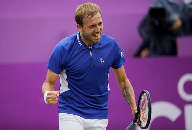 Mandatory Credit: Photo by Ella Ling BPI Shutterstock (12089309m) Daniel Evans of GBR celebrates Cinch Championships, Day Four, Tennis, Queens Club, London, UK - 17 June 2021 EDITORIAL USE ONLY No use with unauthorised audio, video, data, fixture lists, club league logos or live services. Online in-match use limited to 120 images, no video emulation. No use in betting, games or single club league player publications. Cinch Championships, Day Four, Tennis, Queens Club, London, UK - 17 June 2021 EDITORIAL USE ONLY No use with unauthorised audio, video, data, fixture lists, club league logos or live services. Online in-match use limited to 120 images, no video emulation. No use in betting, games or single club league player publications. Copyright: xEllaxLing BPI Shutterstockx 12089309m