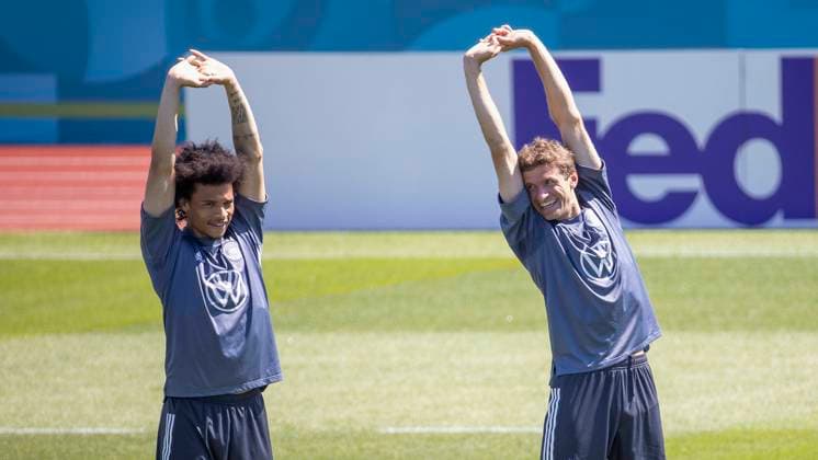 17 06 2021, Football, German National Team, European Championship Quarter and Training Camp, GER, Herzogenaurach, Adidas Home Ground Picture v li Leroy Sane Germany and Thomas Mueller Germany DFB REGULATES PROHIBIT ANY USE OF PHOTOGRAPHS AS IMAGE SEQUENCES AND OR QUASI VIDEO Copyright: HMBxMedia xHeikoxBecker