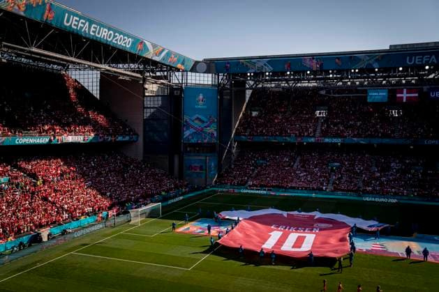 Tifo with Christian Eriksen before the match between Denmark and Belgium in group B during EURO2020 in the Park in Copenhagen, Thursday 17 June 2021, Copenhagen Denmark  Copyright: RitzauxScanpix MadsxClausxRasmussenx cop101 spdk20210617-210351-L
