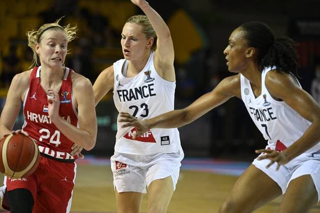 STRASBOURG, FRANCE - JUNE 17: Klaudia Preise of Croatia and Marine Johannes of France pictured during FIBA Women s Eurobasket match between France and Croatia on JUNE 17, 2021 in Strasbourg, France,17 06 2021 BASKET BALL FEMIMIN : France vs Croatie - FIBA Women s Eurobasket - Strasbourg - 17 06 2021 PhilippeCrochet Panoramic 