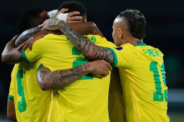 Rio de Janeiro, Brazil, 17th Jun Brazil celebrate their first goal (Alex Sandro) during the CONMEBOL Copa America 2021 football match (Game 6 - Group B) between Brazil v Peru at the Estadio Nilton Santos in Rio de Janeiro, Brazil. Brazil v Peru - Copa America 2021 