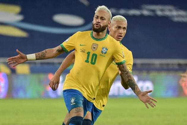 17th June 2021; Nilton Santos Stadium, Rio de Janeiro, Brazil; Copa America, Brazil versus Peru; Neymar of Brazil celebrates his goal with Richarlison in the 68th minute 2-0  ActionPlus12297207 MarcelloxDias