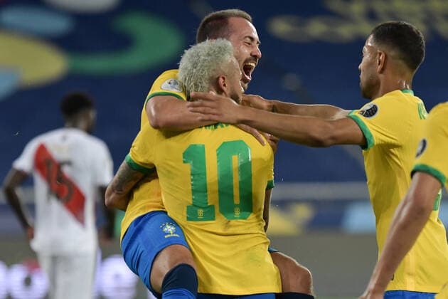 17th June 2021; Nilton Santos Stadium, Rio de Janeiro, Brazil; Copa America, Brazil versus Peru; & xc9;verton Ribeiro of Brazil celebrates his goal with Neymar in the 89th minute 3-0  ActionPlus12297225 MarcelloxDias DiaEsportivo