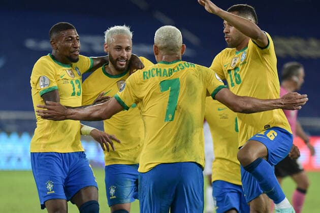 17th June 2021; Nilton Santos Stadium, Rio de Janeiro, Brazil; Copa America, Brazil versus Peru; Richarlison of Brazil celebrates his goal with Neymar and Emerson in the 93th minute 4-0  ActionPlus12297235 MarcelloxDias DiaEsportivo