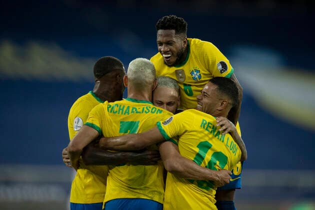 17th June 2021; Nilton Santos Stadium, Rio de Janeiro, Brazil; Copa America, Brazil versus Peru; Richarlison of Brazil celebrates his goal with Neymar, Fred and Renan Lodi in the 93th minute 4-0  ActionPlus12297255 LucasxFigueiredo