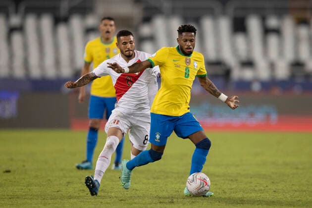 17th June 2021; Nilton Santos Stadium, Rio de Janeiro, Brazil; Copa America, Brazil versus Peru; Fred of Brazil and Sergio Pe& xf1;a of Peru  ActionPlus12297243 LucasxFigueiredo