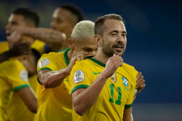 17th June 2021; Nilton Santos Stadium, Rio de Janeiro, Brazil; Copa America, Brazil versus Peru; & xc9;verton Ribeiro of Brazil celebrates his goal in the 89th minute 3-0  ActionPlus12297249 LucasxFigueiredo