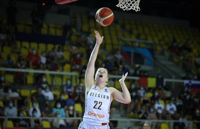 Belgian Cats Hanne Mestdagh pictured in action during the match between Belgium s national women s basketball team The Belgian Cats and Slovenia, in Strasbourg, France, Friday 18 June 2021. The Belgian Cats are in France for the FIBA Women s EuroBasket 2021 European Basketball championships, that take place from 17 to 27 June. VIRGINIExLEFOUR  x3011672x