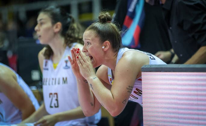 Belgian Cats Marjorie Carpreaux celebrates during the match between Belgium s national women s basketball team The Belgian Cats and Slovenia, in Strasbourg, France, Friday 18 June 2021. The Belgian Cats are in France for the FIBA Women s EuroBasket 2021 European Basketball championships, that take place from 17 to 27 June. VIRGINIExLEFOUR  x3011687x