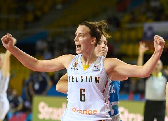 STRASBOURG, FRANCE - JUNE 18 : jubilation of Antonia Delaere of Belgium pictured during FIBA Women s Eurobasket match between Belgium and Slovenia on JUNE 18, 2021 in Strasbourg, France,18 06 2021 BASKET BALL FEMIMIN : Belgique vs Slovenie - FIBA Women s Eurobasket - Strasbourg - 18 06 2021 PhotoNews Panoramic 