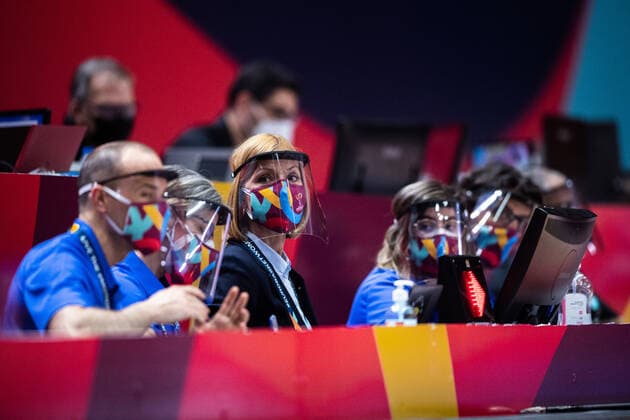 210618 Video referees with face masks during the FIBA Women s Eurobasket match between Slovakia and Belarus on June 18, 2021 in Valencia Photo Maxim ThorÃ BILDBYRAN kod MT MT0188 basket basketball national team fiba women s eurobasket basket em slovakien belarus slovakia vitryssland dam bbeng,  Copyright: MAXIMxTHORE BB210618MT015