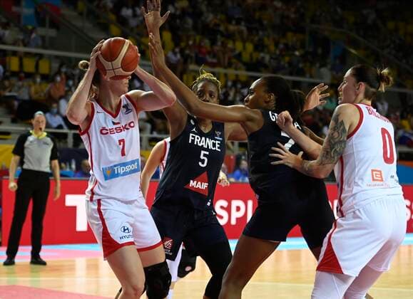 Sandrine Gruda of France and Endene Miyen of France pictured during FIBA Women s Eurobasket match between France and Czech Republic on JUNE 18, 2021 in Strasbourg, France,18 06 2021 BASKET BALL : Republique Tcheque vs France - Eurobasket Feminin - 18 06 2021 PhilippeCrochet Panoramic 