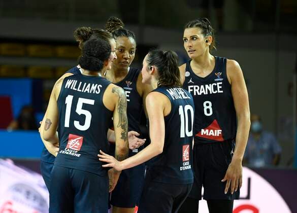 Diandra Tchatchouang of France and Sarah Michel of France Helena Ciak of France pictured during FIBA Women s Eurobasket match between France and Czech Republic on JUNE 18, 2021 in Strasbourg, France,18 06 2021 BASKET BALL : Republique Tcheque vs France - Eurobasket Feminin - 18 06 2021 PhilippeCrochet Panoramic 