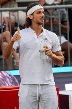 Spanish tennis player Feliciano Lopez inaugurates the new grass center court of the Mallorca Championship ATP, Tennis Herren 250 tennis tournament at Santa Ponsa tennis club, in Mallorca, Balearic Islands, Spain, 18 June 2021. Serbian Novak Djokovic and Croatian Goran Ivanisevic (R) played an exhibition doubles match against German Tommy Haas and Spanish Feliciano Lopez. Djokovic-Ivanisevic and Haas-Lopez inaugurate the new grass center court of the Mallorca Championship ATP 250 tennis tournament !ACHTUNG: NUR REDAKTIONELLE NUTZUNG!  Copyright: xCATIxCLADERAx GRAF3511 20210618-637596548933785453