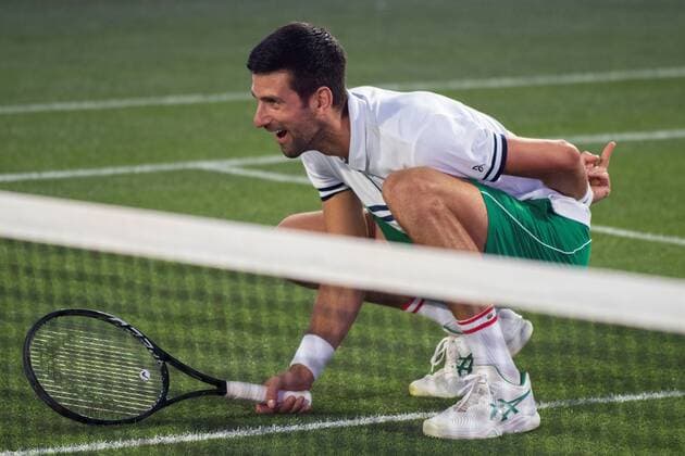 Serbian tennis player Novak Djokovic inaugurates the new grass center court of the Mallorca Championship ATP, Tennis Herren 250 tennis tournament at Santa Ponsa tennis club, in Mallorca, Balearic Islands, Spain, 18 June 2021. Djokovic and Croatian Goran Ivanisevic (L) played an exhibition doubles match against German Tommy Haas and Spanish Feliciano Lopez. Djokovic-Ivanisevic and Haas-Lopez inaugurate the new grass center court of the Mallorca Championship ATP 250 tennis tournament !ACHTUNG: NUR REDAKTIONELLE NUTZUNG!  Copyright: xCATIxCLADERAx GRAF3516 20210618-637596554818855819