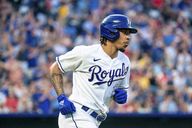 Kansas City Royals shortstop Adalberto Mondesi (27) walks the bases after connecting for a three run home run against the Boston Red Sox in the third inning at Kaufman Stadium in Kansas City, Missouri on Friday, June 18, 2021.  KCP20210618117 KYLExRIVAS