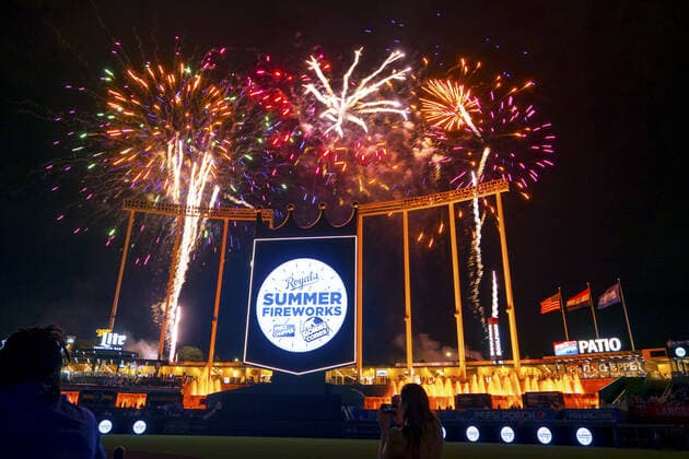 Fireworks entertain fans after the Kansas City Royals defeat the Boston Red Sox at Kaufman Stadium in Kansas City, Missouri on Friday, June 18, 2021.  KCP20210618127 KYLExRIVAS