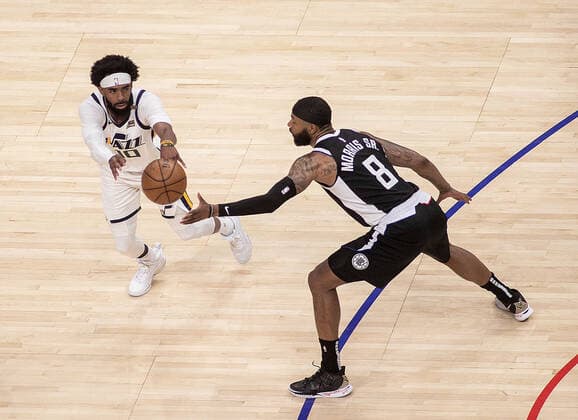 June 18, 2021, Los Angeles, California, USA: Marcus Morris 8 of the Los Angeles Clippers defends against Mike Conley 10 of the Utah Jazz during Round 2, Game 6 of the 2021 NBA, Basketball Herren, USA Playoffs on Friday June 18, 2021, at the Staples Center in Los Angeles, California. Clippers defeat Jazz, 131-119. PI Los Angeles USA - ZUMAp124 20210618_zaa_p124_022 Copyright: xPHILLIPxKIMx