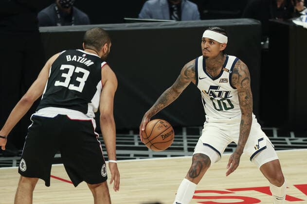 LOS ANGELES, CA - JUNE 18: Utah Jazz guard Jordan Clarkson (00) during game 6 of the second round of the Western Conference Playoffs between the Utah Jazz and the Los Angeles Clippers on June 18, 2021, at Staples Center in Los Angeles, CA. (Photo by Jevone Moore Icon Sportswire) NBA, Basketball Herren, USA JUN 18 Western Conference Playoffs Second Round - Jazz at Clippers Icon2106181028