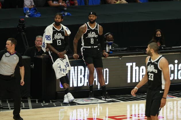 LOS ANGELES, CA - JUNE 18: LA Clippers guard Paul George (13) and LA Clippers forward Marcus Morris Sr. (8) during game 6 of the second round of the Western Conference Playoffs between the Utah Jazz and the Los Angeles Clippers on June 18, 2021, at Staples Center in Los Angeles, CA. (Photo by Jevone Moore Icon Sportswire) NBA, Basketball Herren, USA JUN 18 Western Conference Playoffs Second Round - Jazz at Clippers Icon2106181043
