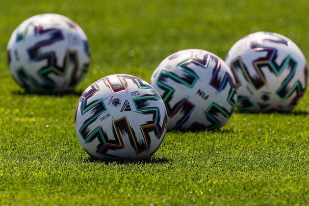 Finland national team, Nationalteam Training Official UEFA EURO, EM, Europameisterschaft,Fussball 2020 match balls Uniforia are seen on the pitch during a Finland national team training session in the course of UEFA Euro 2020 tournament on June 19, 2021 at Stadium Spartak in Zelenogorsk, Saint Petersburg, Russia. Saint Petersburg Russia kireev-finlandn210619_npR8h  Copyright: xMikexKireevx