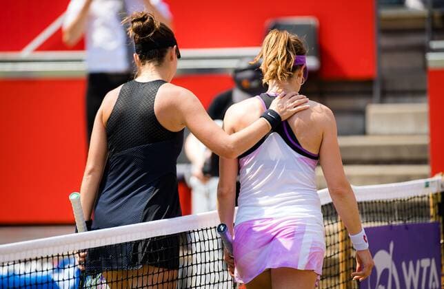 Mandatory Credit: Photo by Rob Prange Shutterstock (12072941i) Belinda Bencic of Switzerland & Alize Cornet of France at the net after the semi-final of the 2021 bett1open WTA, Tennis Damen 500 tennis tournament bett1open Tournament, Tennis, Berlin, Germany - 19 Jun 2021 bett1open Tournament, Tennis, Berlin, Germany - 19 Jun 2021  Copyright: xRobxPrange Shutterstockx 12072941i