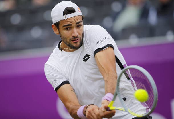 Mandatory Credit: Photo by Ella Ling BPI Shutterstock (12115521l) Matteo Berrettini of Italy in action Cinch Championships, Day Six, Tennis, Queens Club, London, UK - 19 June 2021 EDITORIAL USE ONLY No use with unauthorised audio, video, data, fixture lists, club league logos or live services. Online in-match use limited to 120 images, no video emulation. No use in betting, games or single club league player publications. Cinch Championships, Day Six, Tennis, Queens Club, London, UK - 19 June 2021 EDITORIAL USE ONLY No use with unauthorised audio, video, data, fixture lists, club league logos or live services. Online in-match use limited to 120 images, no video emulation. No use in betting, games or single club league player publications. Copyright: xEllaxLing BPI Shutterstockx 12115521l