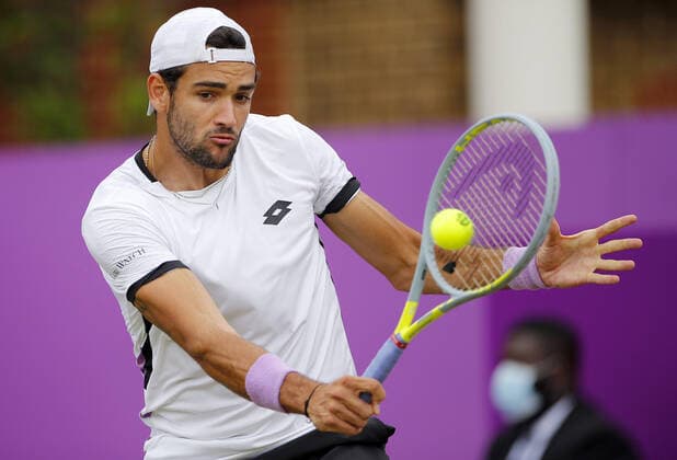 Mandatory Credit: Photo by Ella Ling BPI Shutterstock (12115521p) Matteo Berrettini of Italy in action Cinch Championships, Day Six, Tennis, Queens Club, London, UK - 19 June 2021 EDITORIAL USE ONLY No use with unauthorised audio, video, data, fixture lists, club league logos or live services. Online in-match use limited to 120 images, no video emulation. No use in betting, games or single club league player publications. Cinch Championships, Day Six, Tennis, Queens Club, London, UK - 19 June 2021 EDITORIAL USE ONLY No use with unauthorised audio, video, data, fixture lists, club league logos or live services. Online in-match use limited to 120 images, no video emulation. No use in betting, games or single club league player publications. Copyright: xEllaxLing BPI Shutterstockx 12115521p