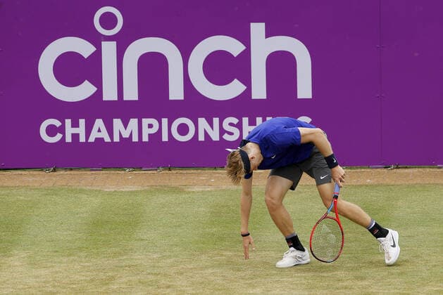 Mandatory Credit: Photo by Ella Ling BPI Shutterstock (12115521aw) Denis Shapovalov of Canada frustrated Cinch Championships, Day Six, Tennis, Queens Club, London, UK - 19 June 2021 EDITORIAL USE ONLY No use with unauthorised audio, video, data, fixture lists, club league logos or live services. Online in-match use limited to 120 images, no video emulation. No use in betting, games or single club league player publications. Cinch Championships, Day Six, Tennis, Queens Club, London, UK - 19 June 2021 EDITORIAL USE ONLY No use with unauthorised audio, video, data, fixture lists, club league logos or live services. Online in-match use limited to 120 images, no video emulation. No use in betting, games or single club league player publications. Copyright: xEllaxLing BPI Shutterstockx 12115521aw