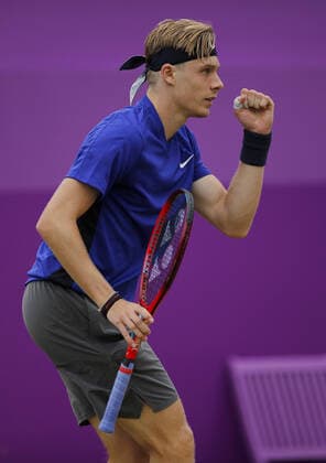 Mandatory Credit: Photo by Ella Ling BPI Shutterstock (12115521bq) Denis Shapovalov of Canada celebrates Cinch Championships, Day Six, Tennis, Queens Club, London, UK - 19 June 2021 EDITORIAL USE ONLY No use with unauthorised audio, video, data, fixture lists, club league logos or live services. Online in-match use limited to 120 images, no video emulation. No use in betting, games or single club league player publications. Cinch Championships, Day Six, Tennis, Queens Club, London, UK - 19 June 2021 EDITORIAL USE ONLY No use with unauthorised audio, video, data, fixture lists, club league logos or live services. Online in-match use limited to 120 images, no video emulation. No use in betting, games or single club league player publications. Copyright: xEllaxLing BPI Shutterstockx 12115521bq