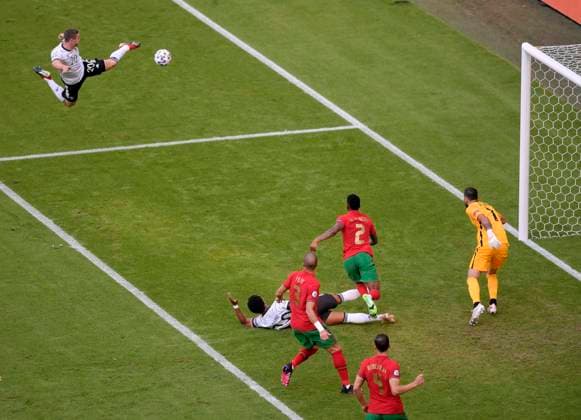 19 06 2021, Football, European Championship 2020, Group match Group F, Portugal Germany, at Fußball Arena Munich Robin Gosens Germany scores into the goal past goalkeeper Rui Patricio Portugal Unfortunately, the goal is disallowed,
