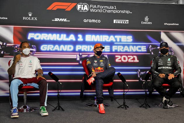 F1 Grand Prix of France 44 Lewis Hamilton (GBR, Mercedes-AMG Petronas F1 Team), 33 Max Verstappen (NED, Red Bull Racing), 77 Valtteri Bottas (FIN, Mercedes-AMG Petronas F1 Team), F1 Grand Prix of France at Circuit Paul Ricard on June 19, 2021 in Le Castellet, France. (Photo by xpbimages.com XPB Images FIA Pool via HOCH ZWEI) Le Castellet France Poolfoto HOCH ZWEI Pool XPB Images ,EDITORIAL USE ONLY