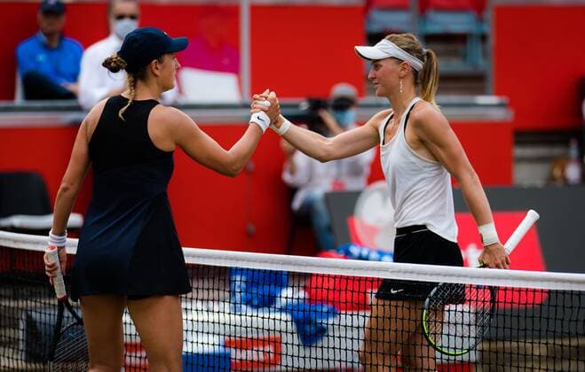 Mandatory Credit: Photo by Rob Prange Shutterstock (12072941bf) Victoria Azarenka of Belarus & Liudmila Samsonova of Russia after the semi-final of the 2021 bett1open WTA, Tennis Damen 500 tennis tournament bett1open Tournament, Tennis, Berlin, Germany - 19 Jun 2021 bett1open Tournament, Tennis, Berlin, Germany - 19 Jun 2021  Copyright: xRobxPrange Shutterstockx 12072941bf