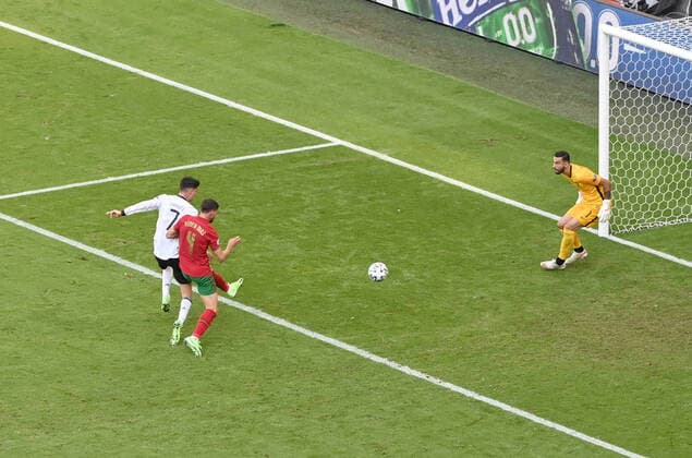 Goal Germany to 1 1, from left , Kai Havertz Germany , Ruben Dias Portugal , own goal by Raphael Guerreiro Portugal , not on the picture 19 06 2021, European Football Championship 2021, preliminary round, 2 matchday, group F, Portugal Germany, photo Maik Hölter TEAM2sportphoto Muenchen Allianz Arena Bayern Germany Team2