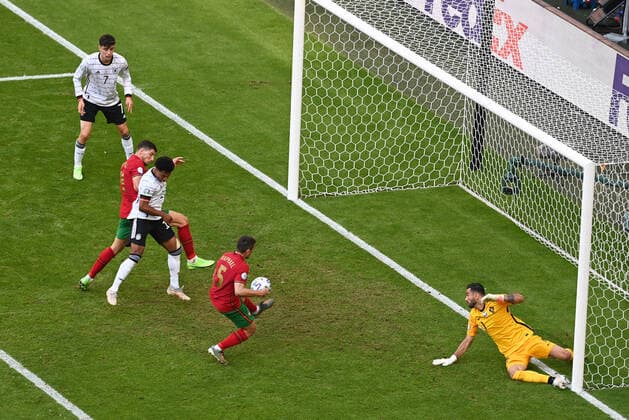 Football, Men, 2020 21 season, Euro 2020, Group F 2 matchday in Munich, Portugal Germany, Raphael Guerreiro Portugal own goal to 1 2, f l Kai Havertz Germany , Ruben Dias Portugal , Serge Gnabry Germany , Raphael Guerreiro Portugal , goalkeeper Rui Patricio Portugal , 19 06 2021, Copyright: xMatthiasxKochx