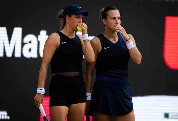 Mandatory Credit: Photo by Rob Prange Shutterstock (12072941bm) Victoria Azarenka of Belarus & Aryna Sabalenka of Belarus during the doubles semi-final of the 2021 bett1open WTA, Tennis Damen 500 tennis tournament bett1open Tournament, Tennis, Berlin, Germany - 19 Jun 2021 bett1open Tournament, Tennis, Berlin, Germany - 19 Jun 2021  Copyright: xRobxPrange Shutterstockx 12072941bm