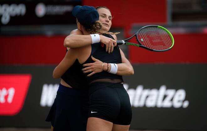 Mandatory Credit: Photo by Rob Prange Shutterstock (12072941bk) Victoria Azarenka of Belarus & Aryna Sabalenka of Belarus during the doubles semi-final of the 2021 bett1open WTA, Tennis Damen 500 tennis tournament bett1open Tournament, Tennis, Berlin, Germany - 19 Jun 2021 bett1open Tournament, Tennis, Berlin, Germany - 19 Jun 2021  Copyright: xRobxPrange Shutterstockx 12072941bk