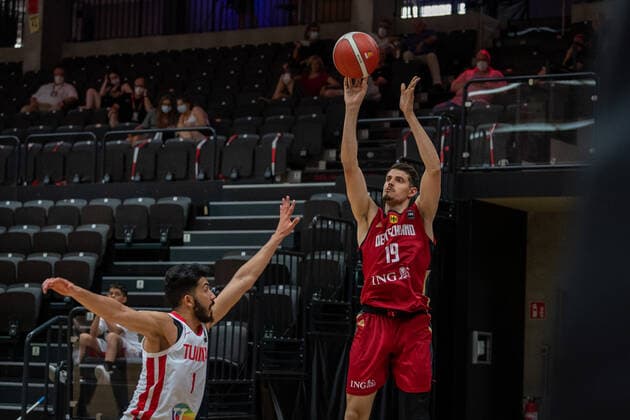 Basketball Hamburg 19 06 2021 Supercup National Team Germany GER Tunisia TUN Lukas Wank Germany, No 19 Oussama Mamaoui Tunisia, No 01