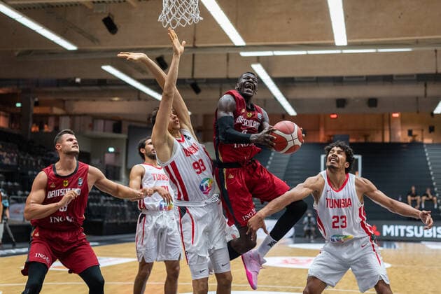 Basketball Hamburg 19 06 2021 Supercup National Team Germany GER Tunisia TUN Isaac Bonga Germany, No 00 Mohamed Fares Ochi Tunisia, No 99 Belhassan Chihi Tunisia, No 23