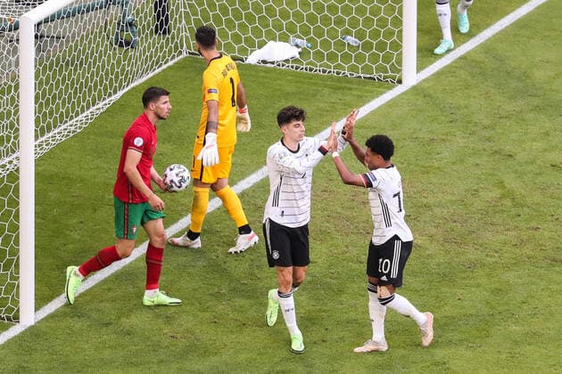 (210620) -- MUNICH, June 20, 2021 -- Kai Havertz (2nd R) of Germany celebrates his scoring with teammate Serge Gnabry (1st R) during the UEFA EURO, EM, Europameisterschaft,Fussball 2020 Championship Group F match between Portugal and Germany in Munich, Germany, June 19, 2021. ) (SP)GERMANY-MUNICH-FOOTBALL-EURO 2020-POR VS GER ShanxYuqi 