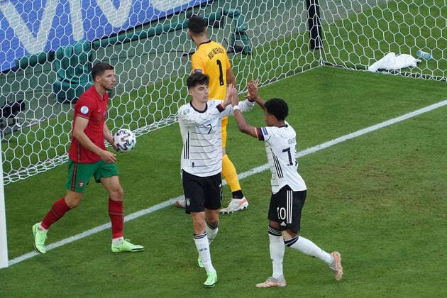 celebrate the goal, goal celebration for 3 1 Kai Havertz Germany Germany , Serge Gnabry Germany Germany Muenchen 19 06 2021 Germany vs Portugal, Allianz Arena Muenchen, Euro2020, emonline, emspor,