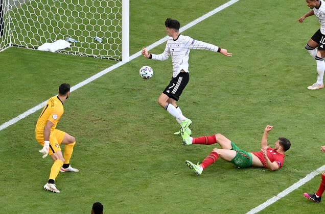 Kai Havertz Germany , right , scores the goal to 1 3, left goalkeeper Rui Patricio Portugal 19 06 2021, European Football Championship 2021, preliminary round, 2 matchday, Group F, Portugal Germany 2 4, photo Maik Hölter TEAM2sportphoto Muenchen Allianz Arena Bayern Germany. Team2